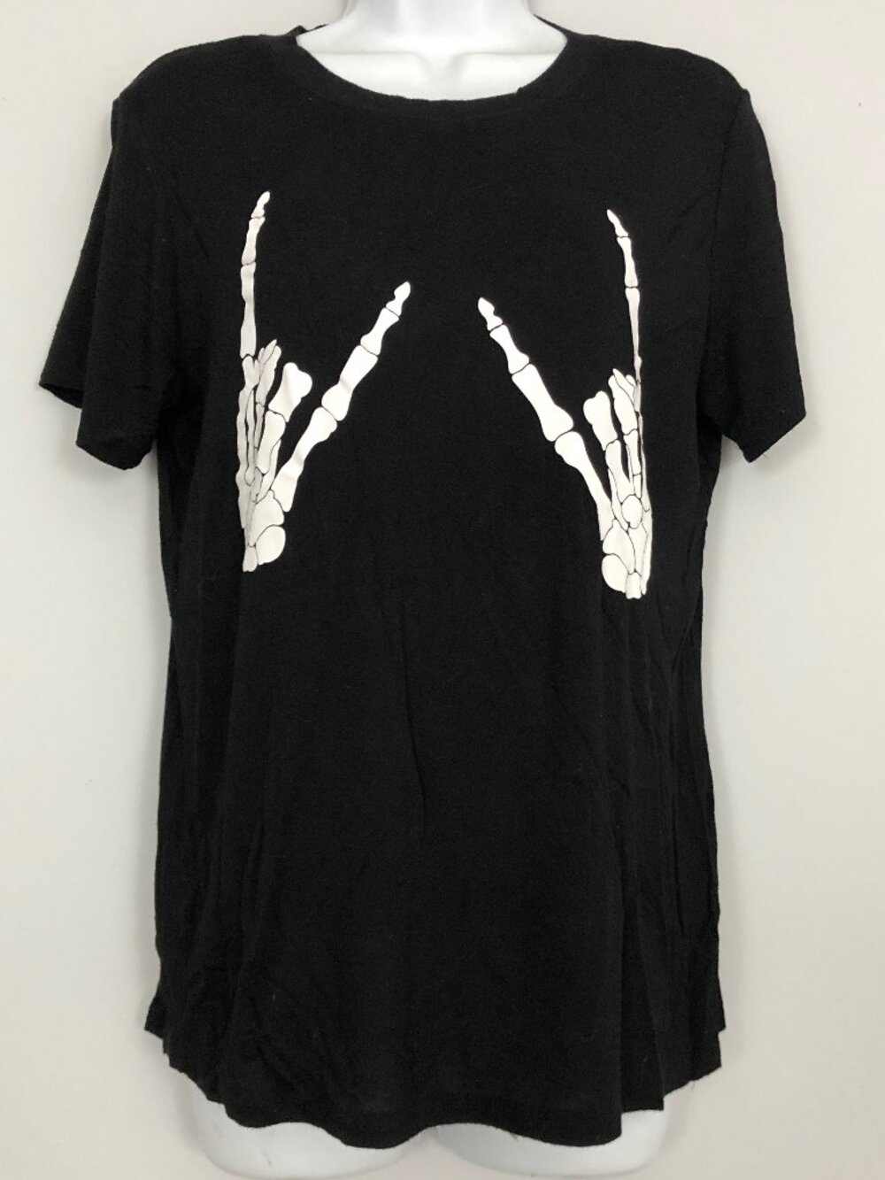 YMHY Rock & Roll Skeleton Hands Graphic T-Shirt Womens L Black & White Halloween